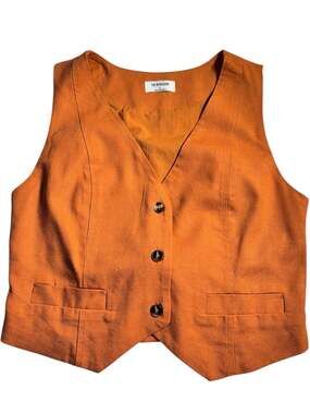 THE WORKSHOP Terracotta Linen Blend Button Down V-Neck Vest Crop Waistcoat